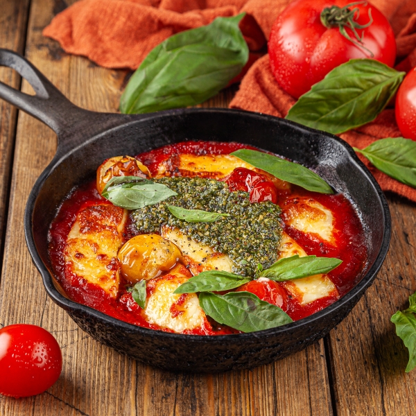 Запеченный Халлуми с томатами и базиликом